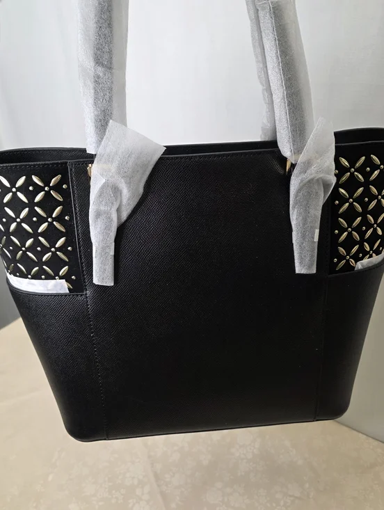 NWT Michael Kors Charlotte Large Top Zip Tote - Black Saffiano with Gold Floral - Picture 7 of 11